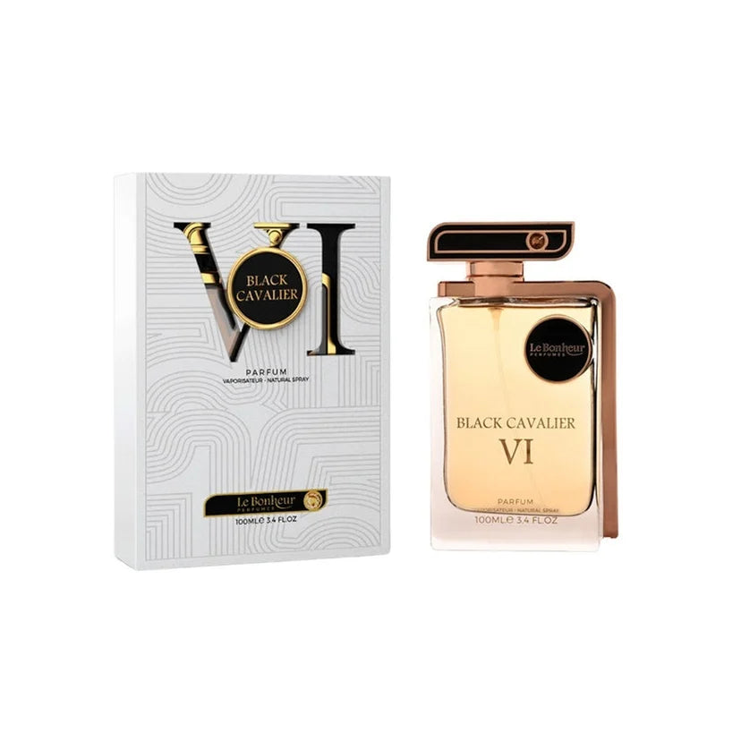 Perfume bottle and packaging of Black Cavalier VI on a white background